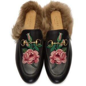 Gucci Black Pink Floral Leather Horsebit Princetown Fur Lined Mules Size 7